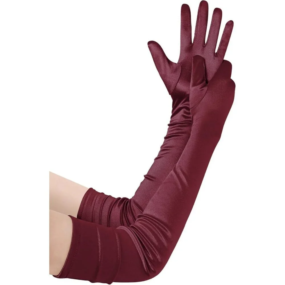 Women's Long Satin Gloves Dark Red Stretchy Upper Arm Length Costume Design